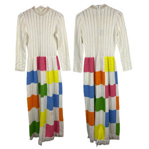 Vintage 1980s White Mock Neck Knit Patch Maxi Dress XS